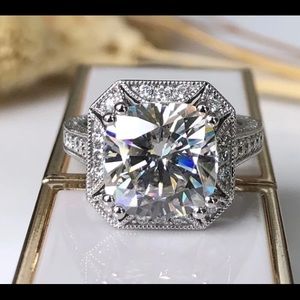 Genuine Moissanite 10K White Gold Ring Deco Vintage Look Halo Cushion Cut Custom